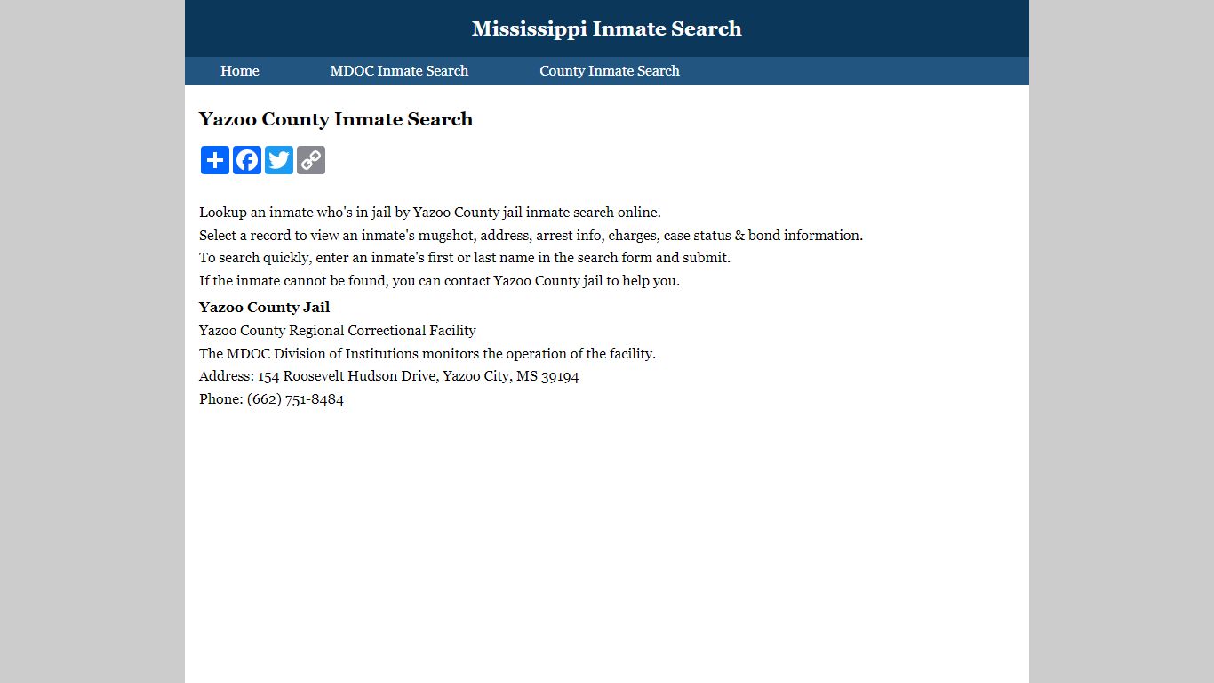 Yazoo County Inmate Search